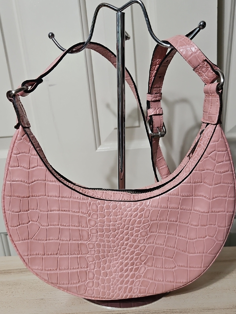 Patricia Nash Pink Croc-Embossed Crescent Crossbody Bag